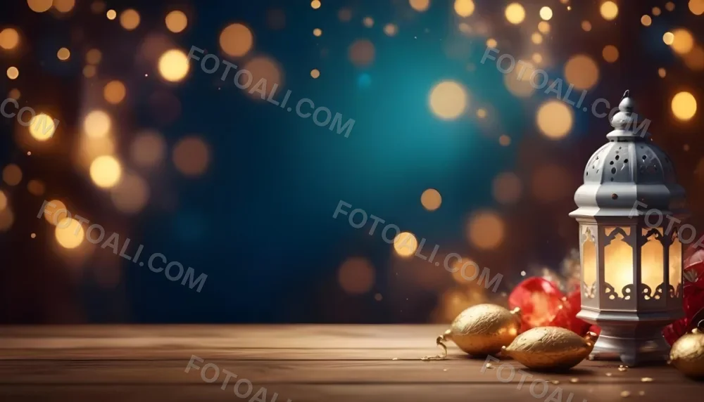 Digital Painting Golden Decorative Objects On A Wooden Surface With A Blurred Background Of Blue And Golden Bokeh Lights Creating A Festive And Elegant Atmosphere Bold And Slim Lines Brush Strokes 13 Fd35