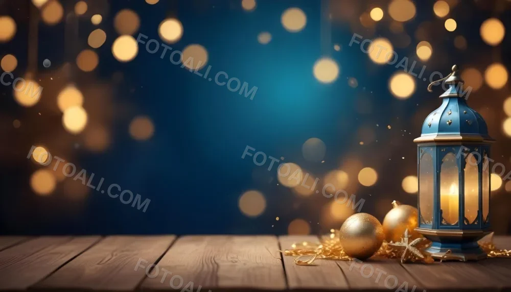Digital Painting Golden Decorative Objects On A Wooden Surface With A Blurred Background Of Blue And Golden Bokeh Lights Creating A Festive And Elegant Atmosphere Bold And Slim Lines Brush Strokes 16 67cf