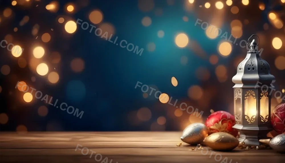 Digital Painting Golden Decorative Objects On A Wooden Surface With A Blurred Background Of Blue And Golden Bokeh Lights Creating A Festive And Elegant Atmosphere Bold And Slim Lines Brush Strokes 23 4300