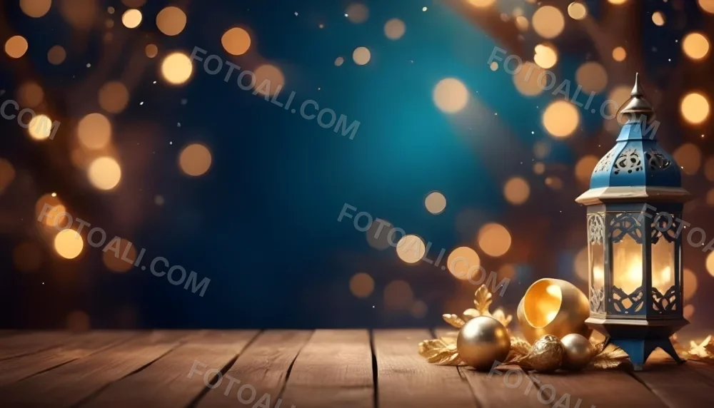 Digital Painting Golden Decorative Objects On A Wooden Surface With A Blurred Background Of Blue And Golden Bokeh Lights Creating A Festive And Elegant Atmosphere Bold And Slim Lines Brush Strokes 25 Ccf3