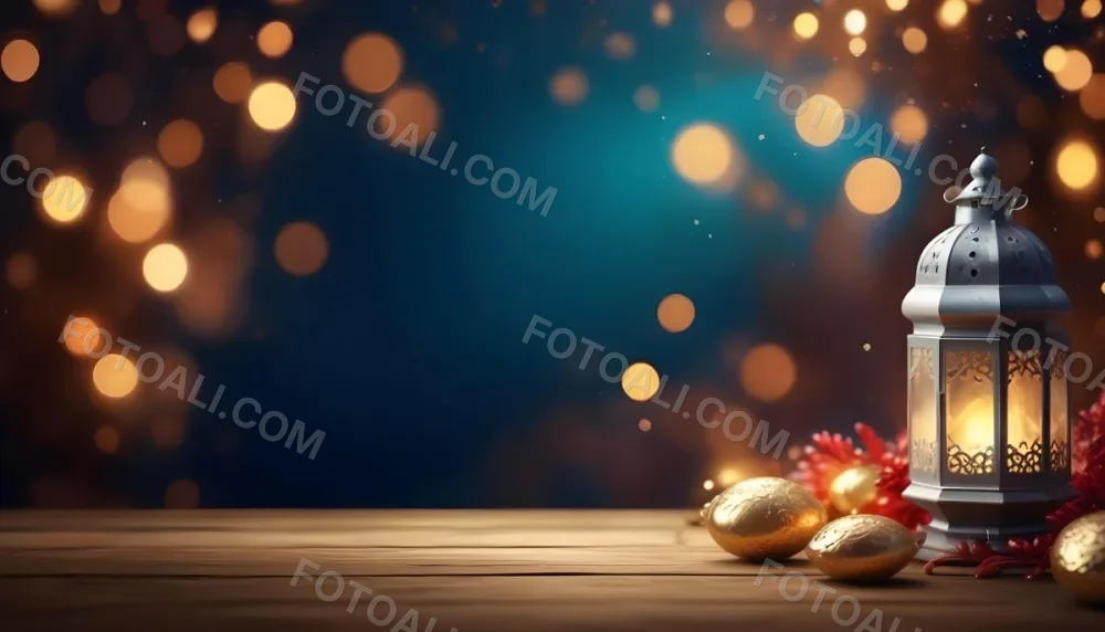 Digital Painting Golden Decorative Objects On A Wooden Surface With A Blurred Background Of Blue And Golden Bokeh Lights Creating A Festive And Elegant Atmosphere Bold And Slim Lines Brush Strokes 28 13e7