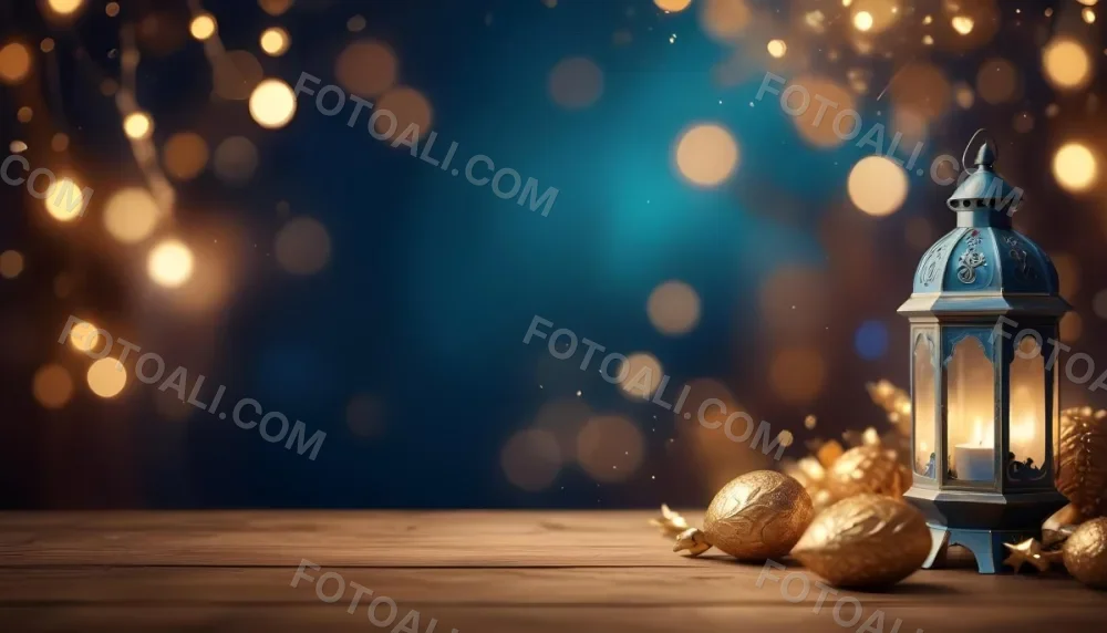 Digital Painting Golden Decorative Objects On A Wooden Surface With A Blurred Background Of Blue And Golden Bokeh Lights Creating A Festive And Elegant Atmosphere Bold And Slim Lines Brush Strokes 29 3370