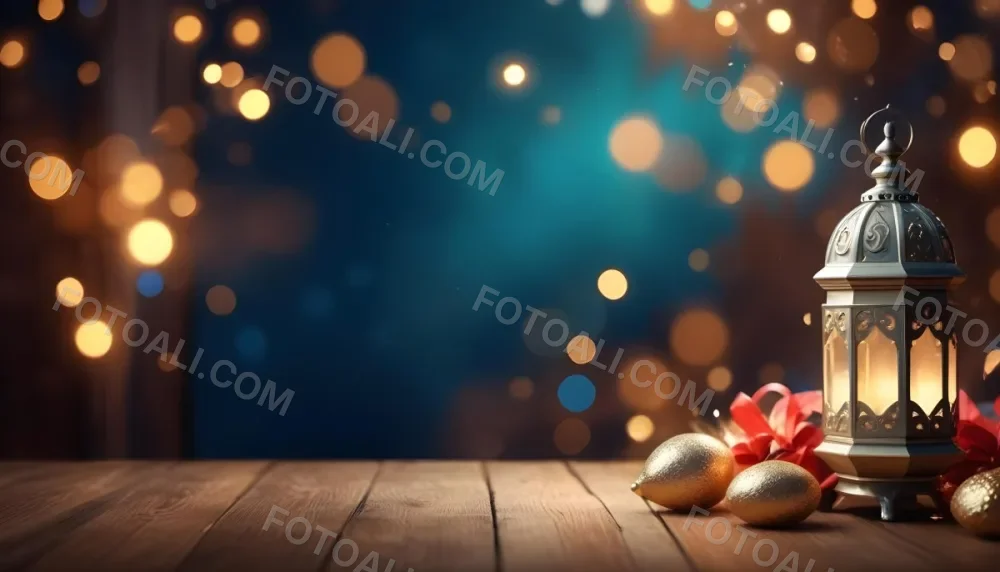 Digital Painting Golden Decorative Objects On A Wooden Surface With A Blurred Background Of Blue And Golden Bokeh Lights Creating A Festive And Elegant Atmosphere Bold And Slim Lines Brush Strokes 30 E68b