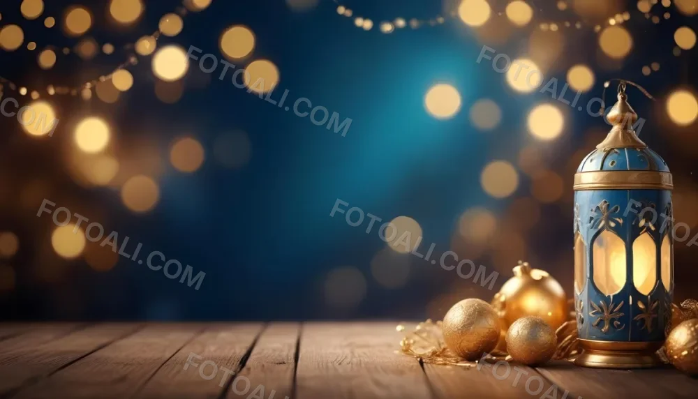 Digital Painting Golden Decorative Objects On A Wooden Surface With A Blurred Background Of Blue And Golden Bokeh Lights Creating A Festive And Elegant Atmosphere Bold And Slim Lines Brush Strokes 32 C4d0