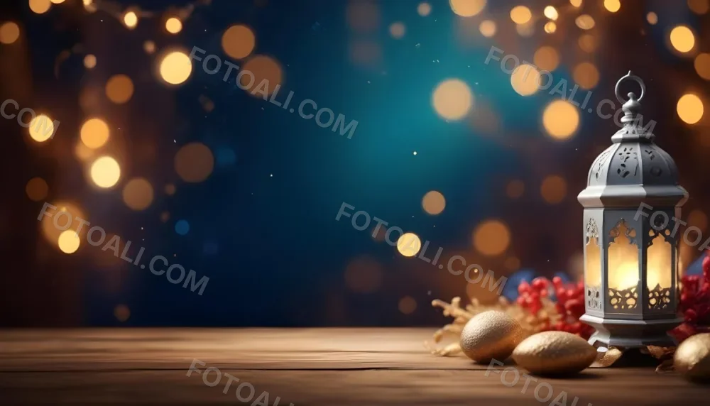 Digital Painting Golden Decorative Objects On A Wooden Surface With A Blurred Background Of Blue And Golden Bokeh Lights Creating A Festive And Elegant Atmosphere Bold And Slim Lines Brush Strokes 33 6b4a