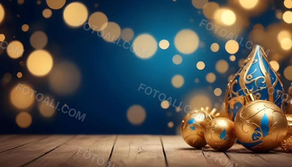 Digital Painting Golden Decorative Objects On A Wooden Surface With A Blurred Background Of Blue And Golden Bokeh Lights Creating A Festive And Elegant Atmosphere Bold And Slim Lines Brush Strokes 36 5963