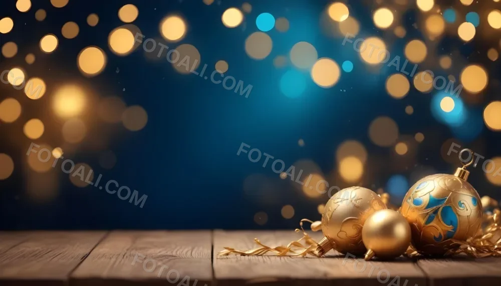 Digital Painting Golden Decorative Objects On A Wooden Surface With A Blurred Background Of Blue And Golden Bokeh Lights Creating A Festive And Elegant Atmosphere Bold And Slim Lines Brush Strokes 4 6588
