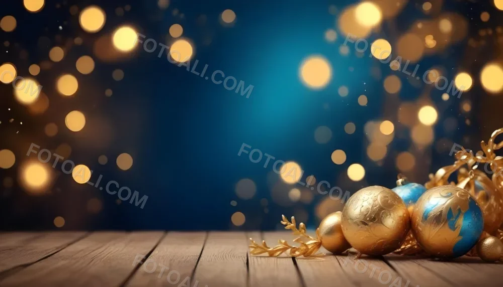 Digital Painting Golden Decorative Objects On A Wooden Surface With A Blurred Background Of Blue And Golden Bokeh Lights Creating A Festive And Elegant Atmosphere Bold And Slim Lines Brush Strokes 5 6893
