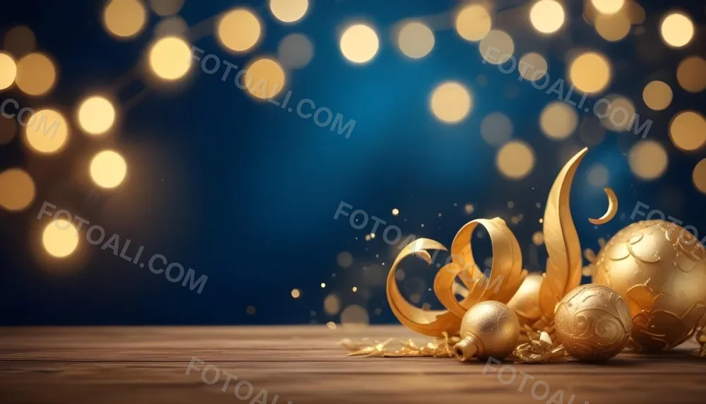 Digital Painting Golden Decorative Objects On A Wooden Surface With A Blurred Background Of Blue And Golden Bokeh Lights Creating A Festive And Elegant Atmosphere Bold And Slim Lines Brush Strokes 6 33db