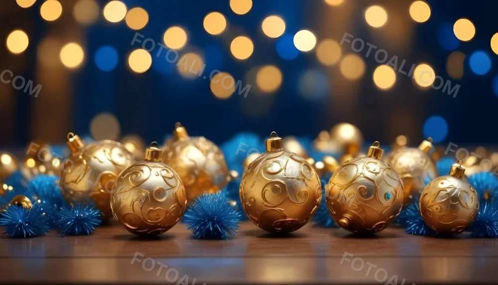 Digital Painting Golden Decorative Objects On A Wooden Surface With A Blurred Background Of Blue And Golden Bokeh Lights Creating A Festive And Elegant Atmosphere Bold And Slim Lines Brush Strokes 7 D8a2
