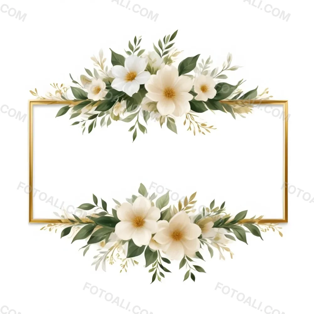 Digital Painting Golden Frame With White Flowers And Green Leaves On A White Background Floral Decoration Botanical Illustration Elegant Design Nature Inspired Decorative Border Bold And Slim Lines Brush Strokes 1 2272