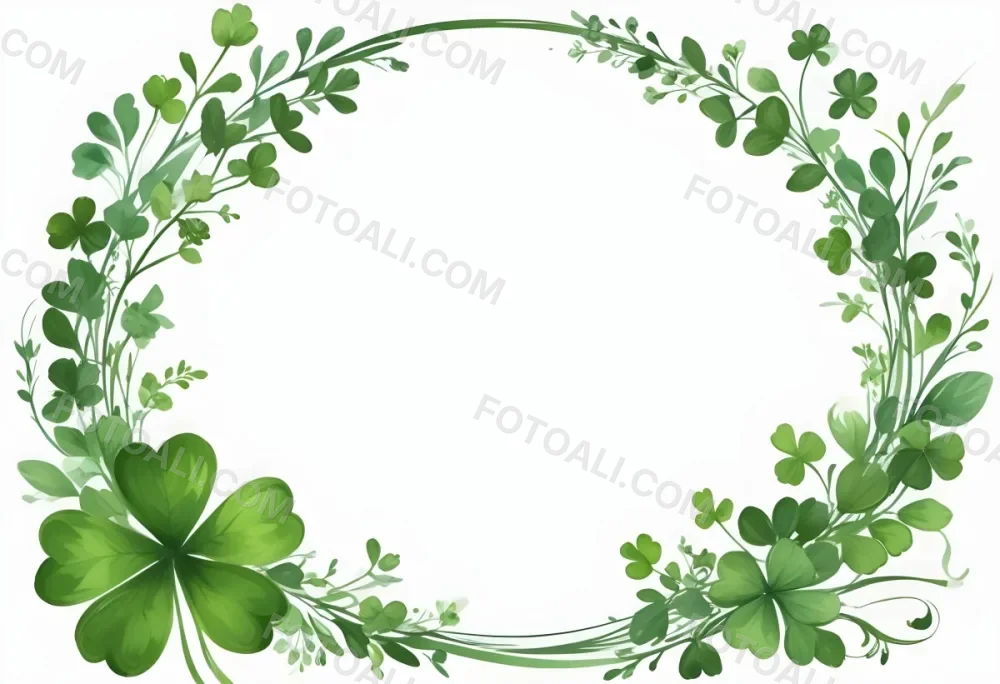 Digital Painting Green Floral Frame With Clover And Ribbon On A White Background Perfect For Invitations Greeting Cards Or Festive Designs Bold And Slim Lines Brush Strokes 10 7f1c