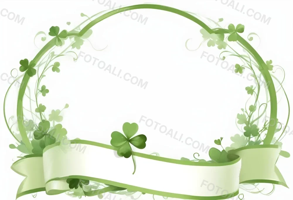 Digital Painting Green Floral Frame With Clover And Ribbon On A White Background Perfect For Invitations Greeting Cards Or Festive Designs Bold And Slim Lines Brush Strokes 19 Dcd2