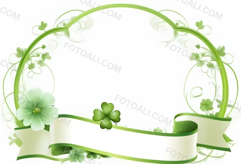 Digital Painting Green Floral Frame With Clover And Ribbon On A White Background Perfect For Invitations Greeting Cards Or Festive Designs Bold And Slim Lines Brush Strokes 2 1443