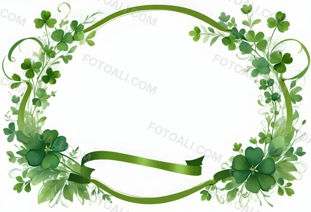 Digital Painting Green Floral Frame With Clover And Ribbon On A White Background Perfect For Invitations Greeting Cards Or Festive Designs Bold And Slim Lines Brush Strokes 22 1273
