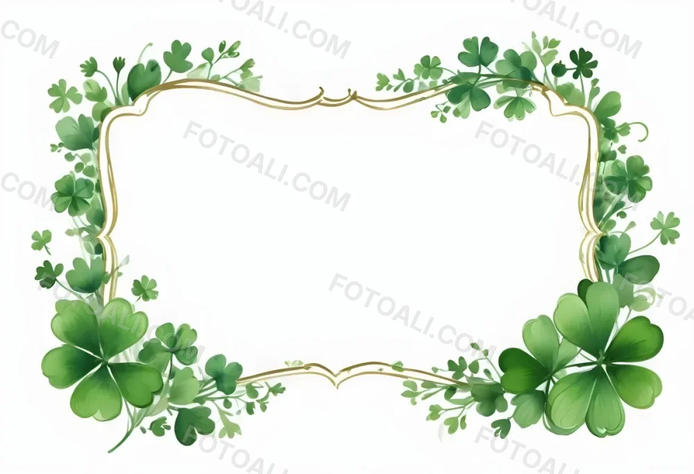 Digital Painting Green Floral Frame With Clover And Ribbon On A White Background Perfect For Invitations Greeting Cards Or Festive Designs Bold And Slim Lines Brush Strokes 24 01f4