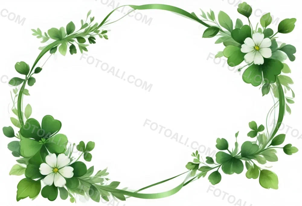 Digital Painting Green Floral Frame With Clover And Ribbon On A White Background Perfect For Invitations Greeting Cards Or Festive Designs Bold And Slim Lines Brush Strokes 29 A50b