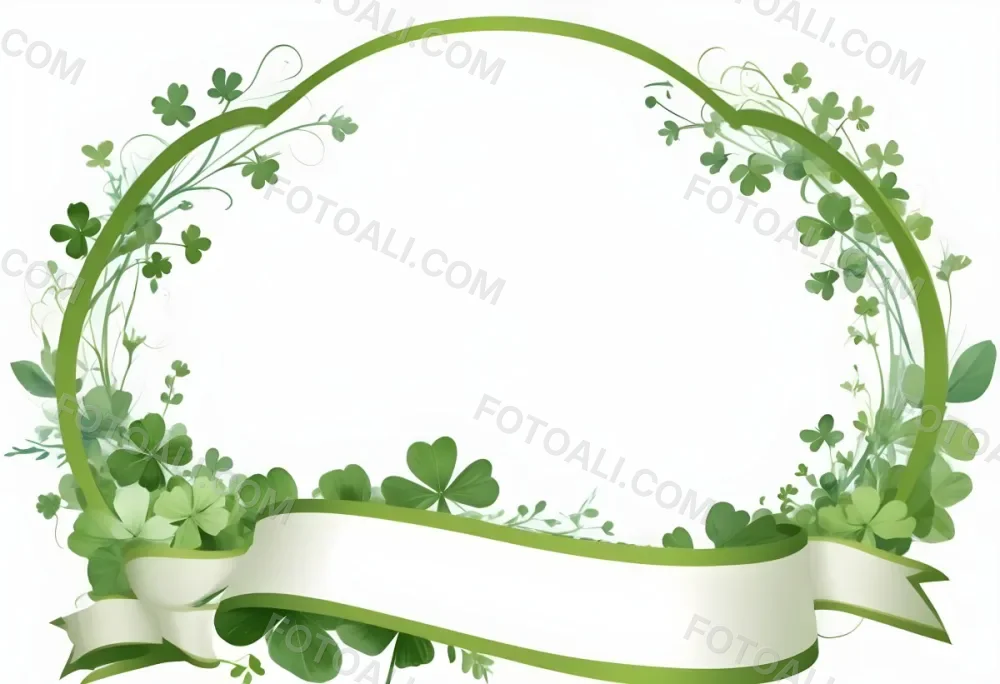 Digital Painting Green Floral Frame With Clover And Ribbon On A White Background Perfect For Invitations Greeting Cards Or Festive Designs Bold And Slim Lines Brush Strokes 32 18fe
