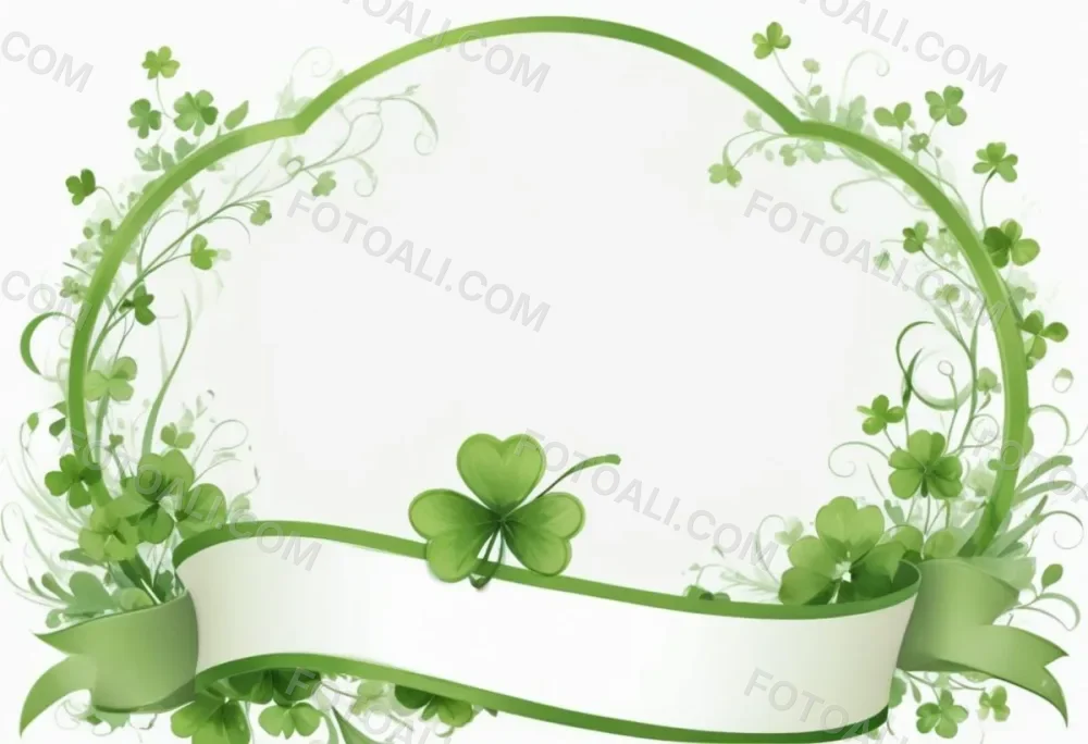 Digital Painting Green Floral Frame With Clover And Ribbon On A White Background Perfect For Invitations Greeting Cards Or Festive Designs Bold And Slim Lines Brush Strokes 34 0529