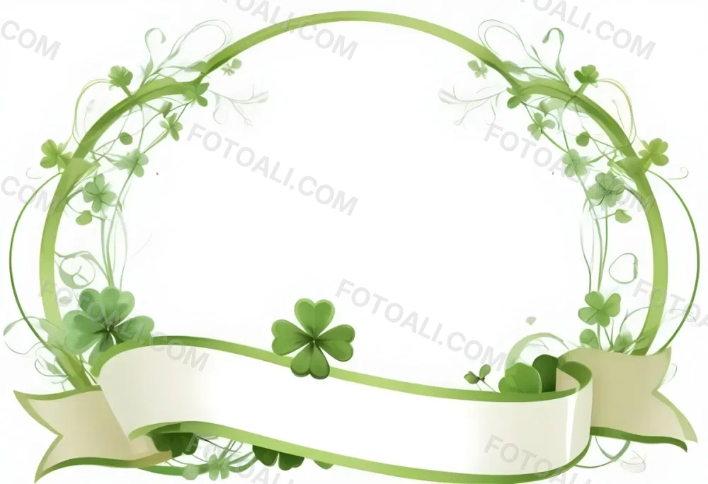 Digital Painting Green Floral Frame With Clover And Ribbon On A White Background Perfect For Invitations Greeting Cards Or Festive Designs Bold And Slim Lines Brush Strokes 4 292b