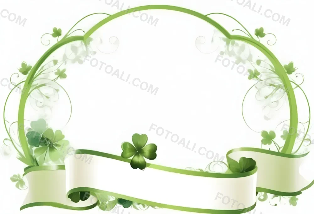 Digital Painting Green Floral Frame With Clover And Ribbon On A White Background Perfect For Invitations Greeting Cards Or Festive Designs Bold And Slim Lines Brush Strokes 6 D798