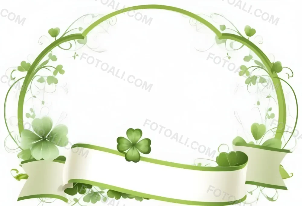 Digital Painting Green Floral Frame With Clover And Ribbon On A White Background Perfect For Invitations Greeting Cards Or Festive Designs Bold And Slim Lines Brush Strokes 7 7ebf