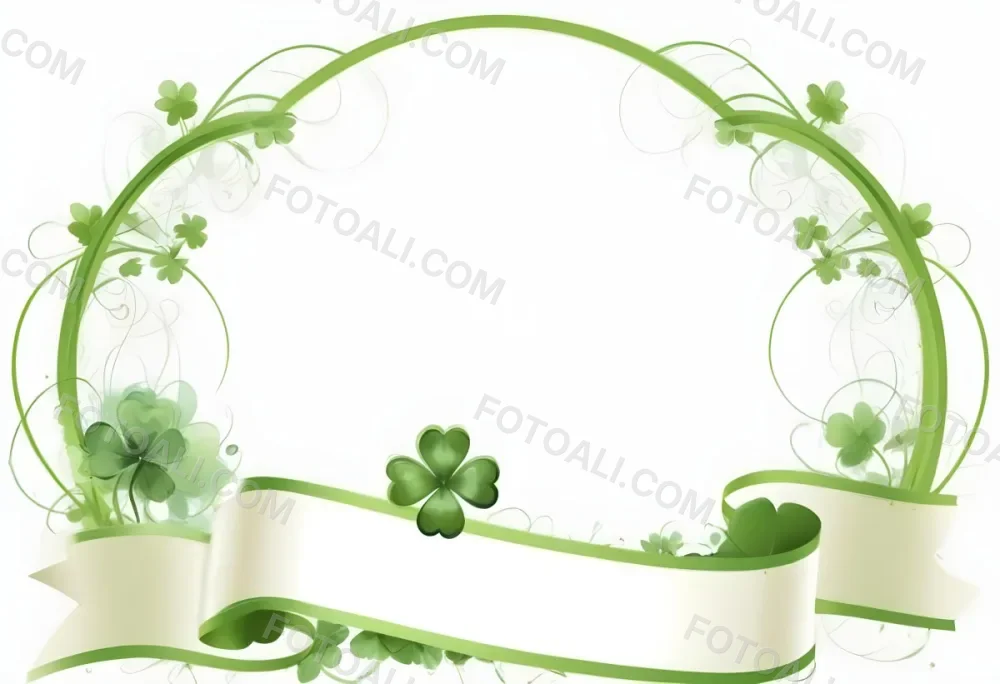 Digital Painting Green Floral Frame With Clover And Ribbon On A White Background Perfect For Invitations Greeting Cards Or Festive Designs Bold And Slim Lines Brush Strokes 8 B7f9