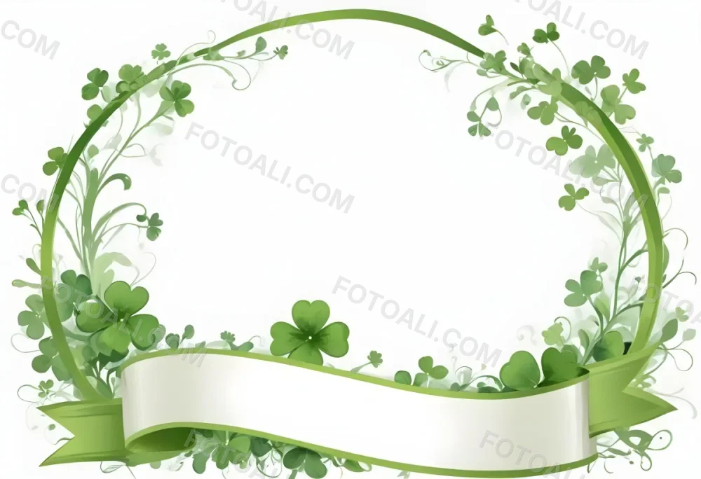 Digital Painting Green Floral Frame With Clover And Ribbon On A White Background Perfect For Invitations Greeting Cards Or Festive Designs Bold And Slim Lines Brush Strokes 9 0a1a