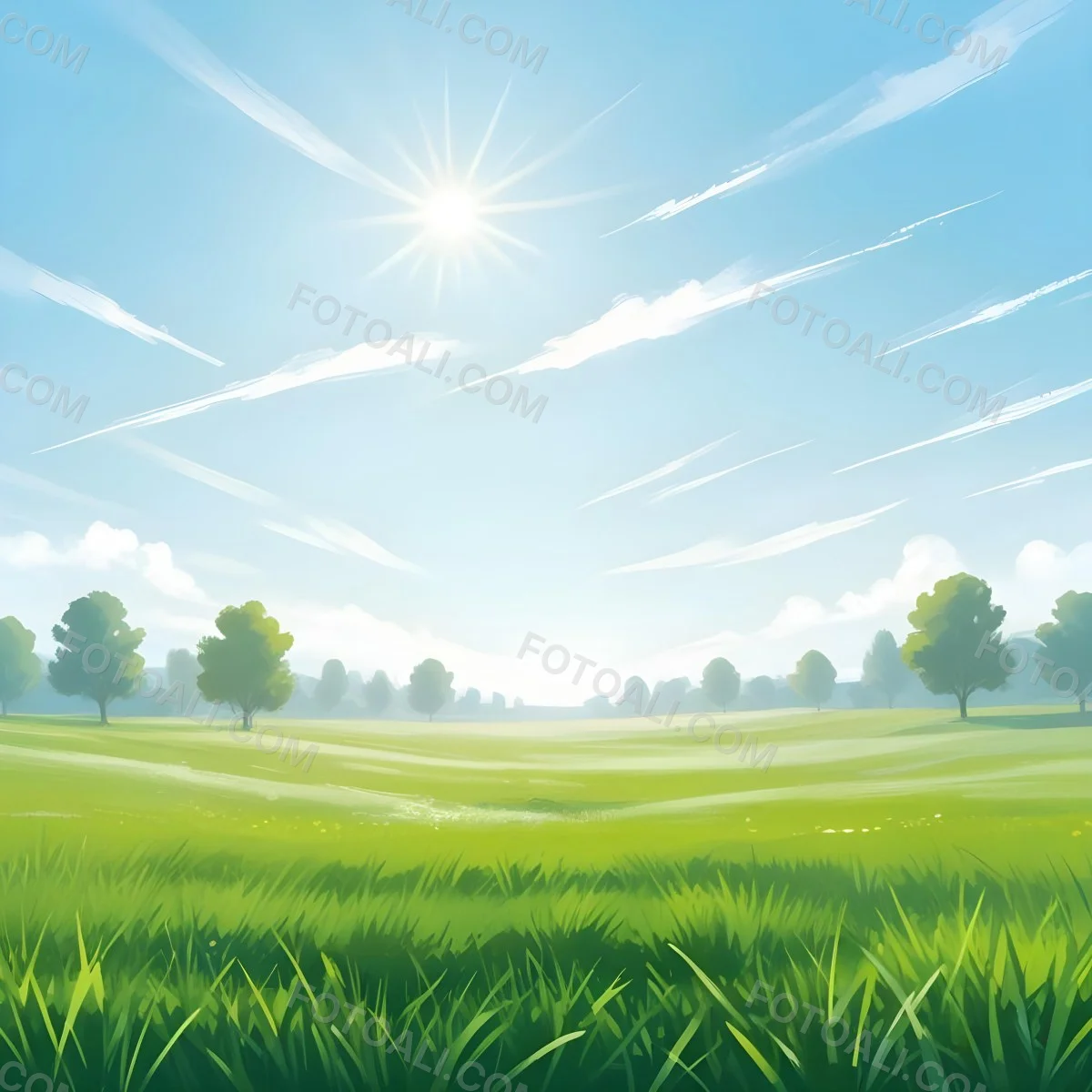 Digital Painting Green Grass Field With A Clear Blue Sky And Bright Sunlight Creating A Fresh And Vibrant Outdoor Scene Perfect For A Sunny Day Bold And Slim Lines Brush Strokes 12 01dc