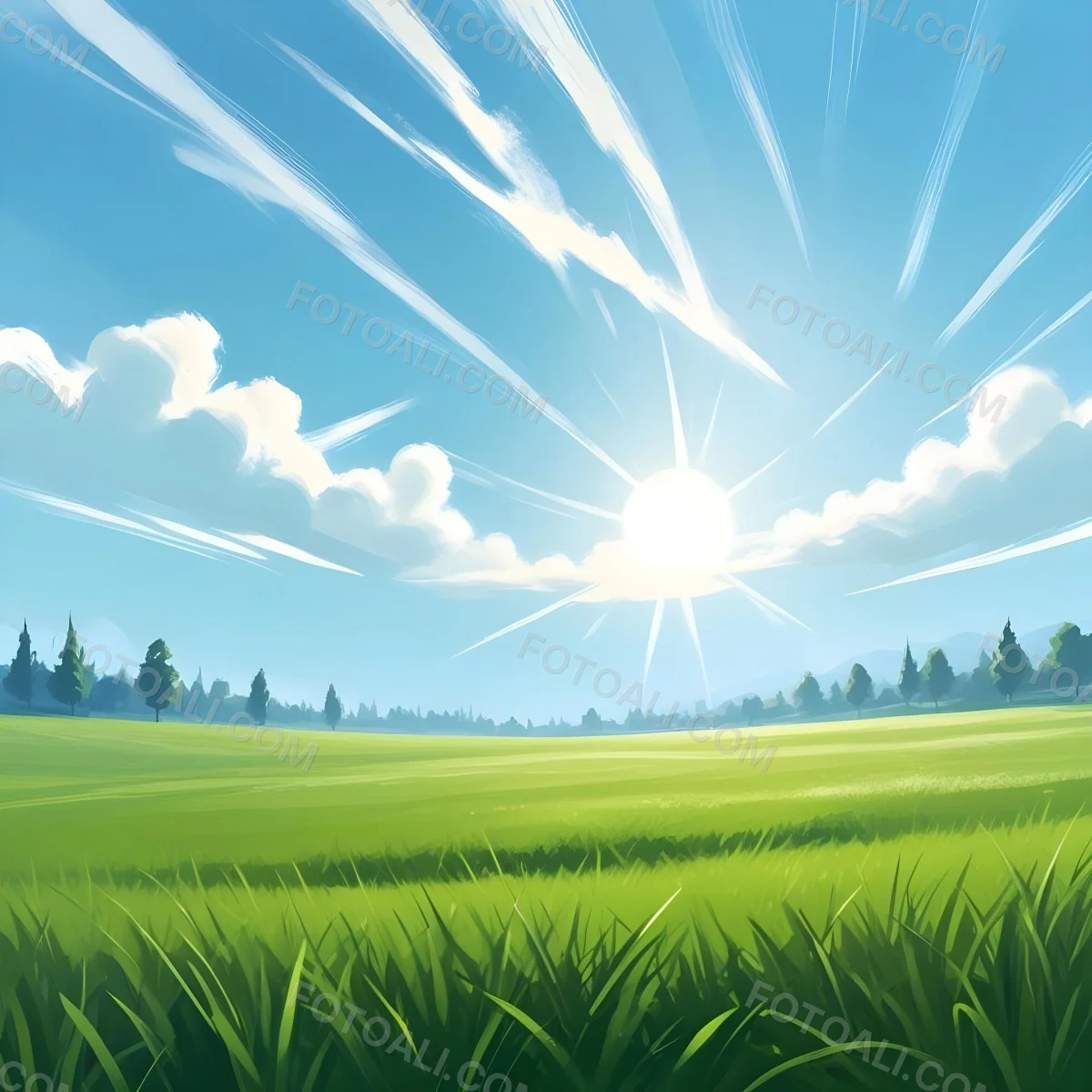 Digital Painting Green Grass Field With A Clear Blue Sky And Bright Sunlight Creating A Fresh And Vibrant Outdoor Scene Perfect For A Sunny Day Bold And Slim Lines Brush Strokes 16 2c63