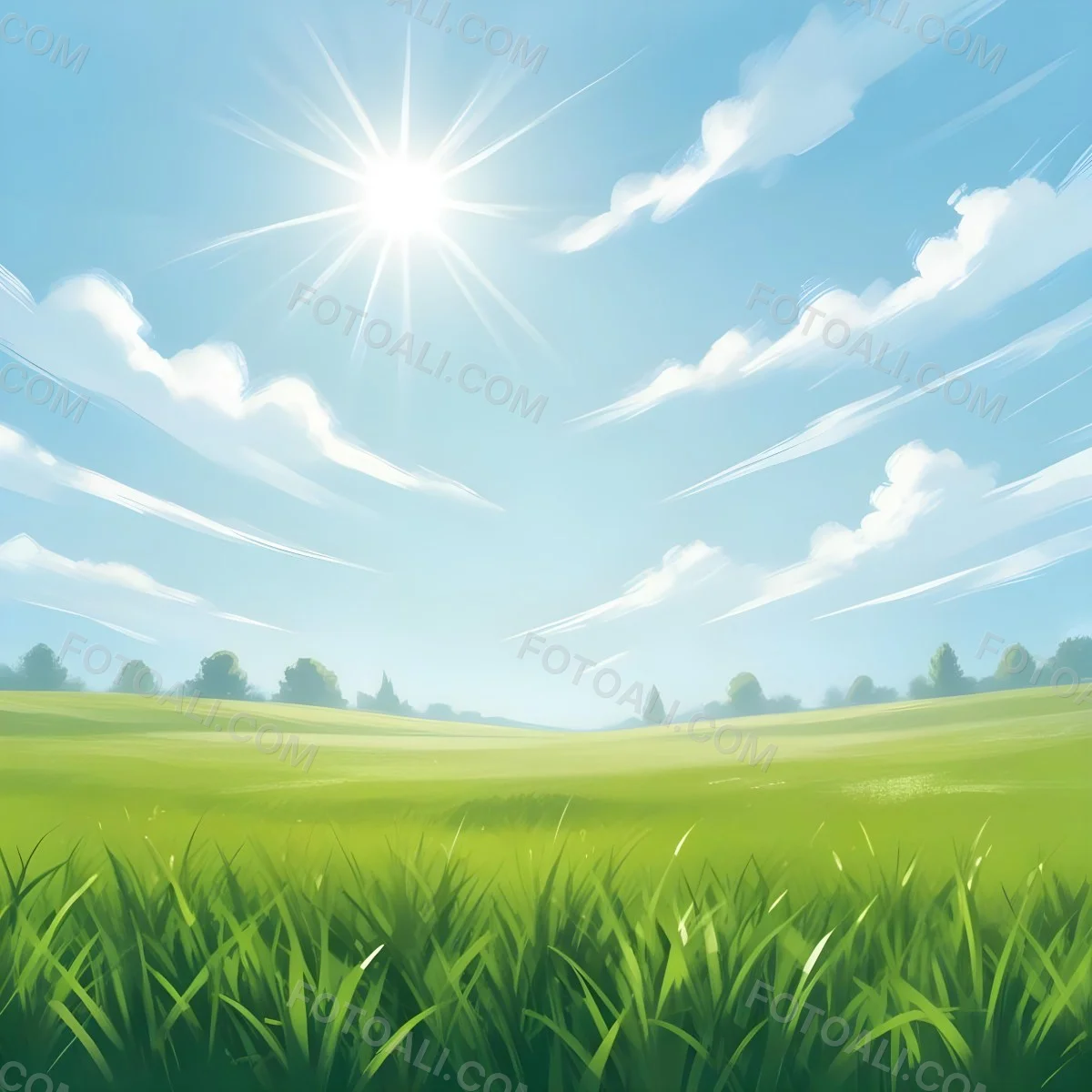 Digital Painting Green Grass Field With A Clear Blue Sky And Bright Sunlight Creating A Fresh And Vibrant Outdoor Scene Perfect For A Sunny Day Bold And Slim Lines Brush Strokes 19 A432