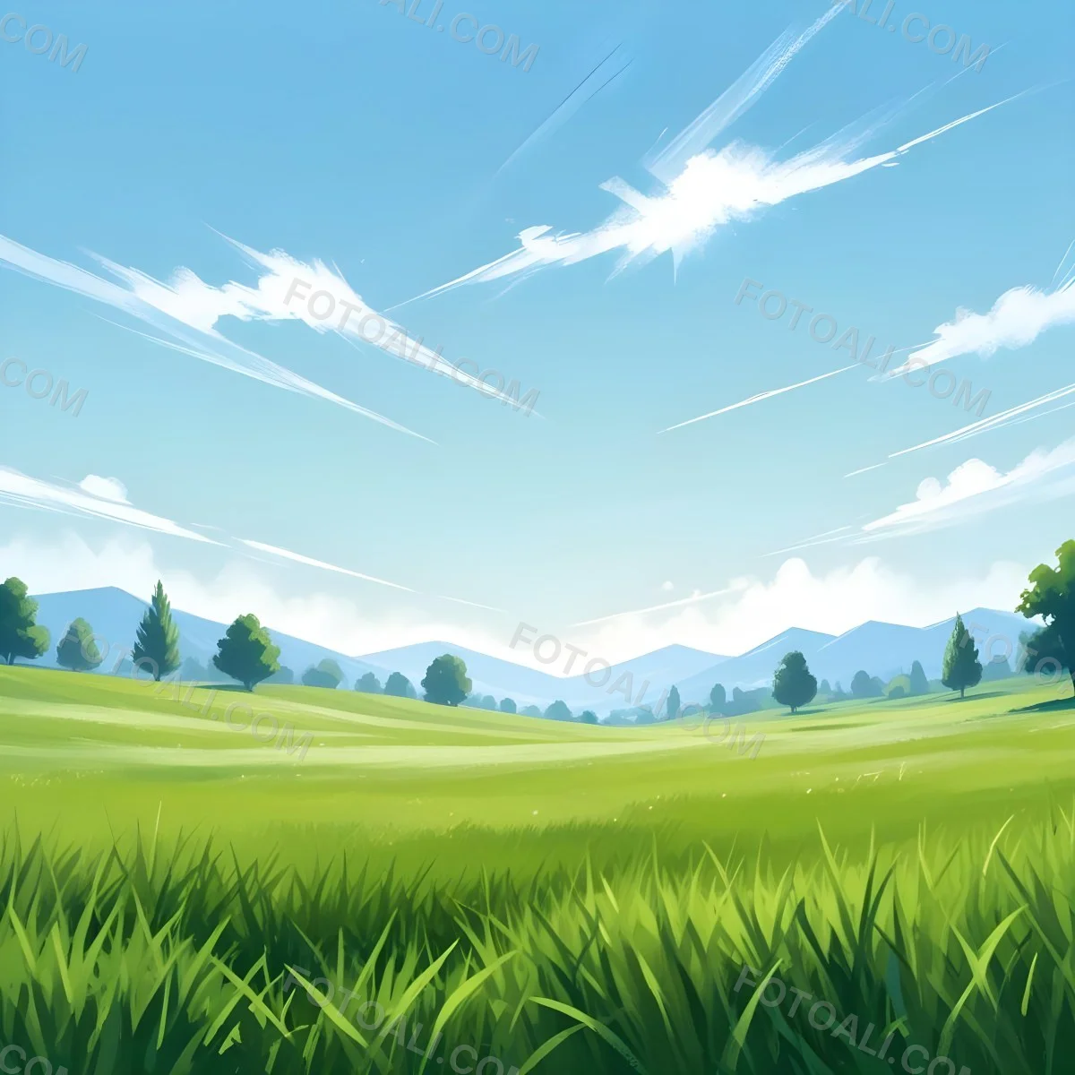 Digital Painting Green Grass Field With A Clear Blue Sky And Bright Sunlight Creating A Fresh And Vibrant Outdoor Scene Perfect For A Sunny Day Bold And Slim Lines Brush Strokes 29 0c76