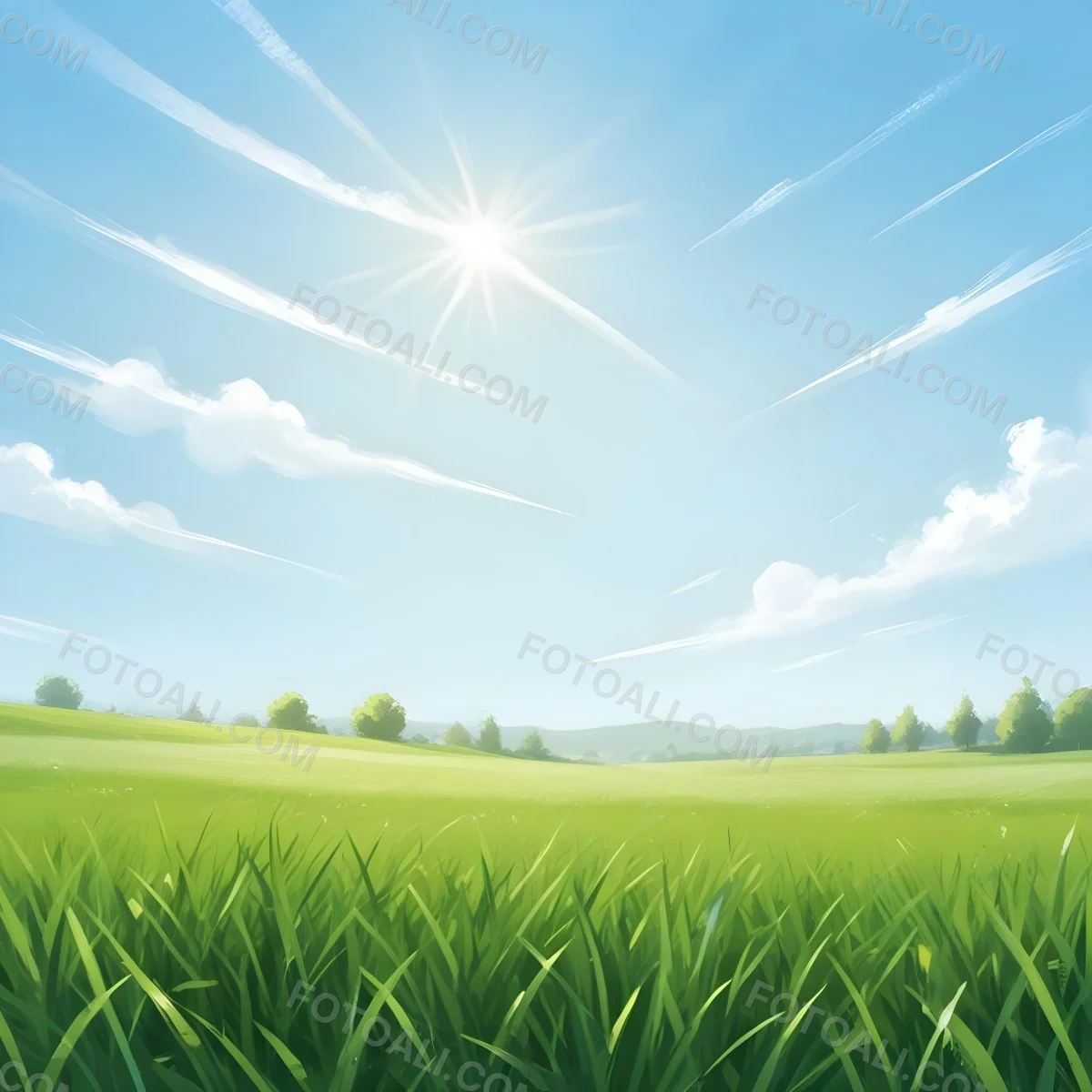Digital Painting Green Grass Field With A Clear Blue Sky And Bright Sunlight Creating A Fresh And Vibrant Outdoor Scene Perfect For A Sunny Day Bold And Slim Lines Brush Strokes 36 56cd
