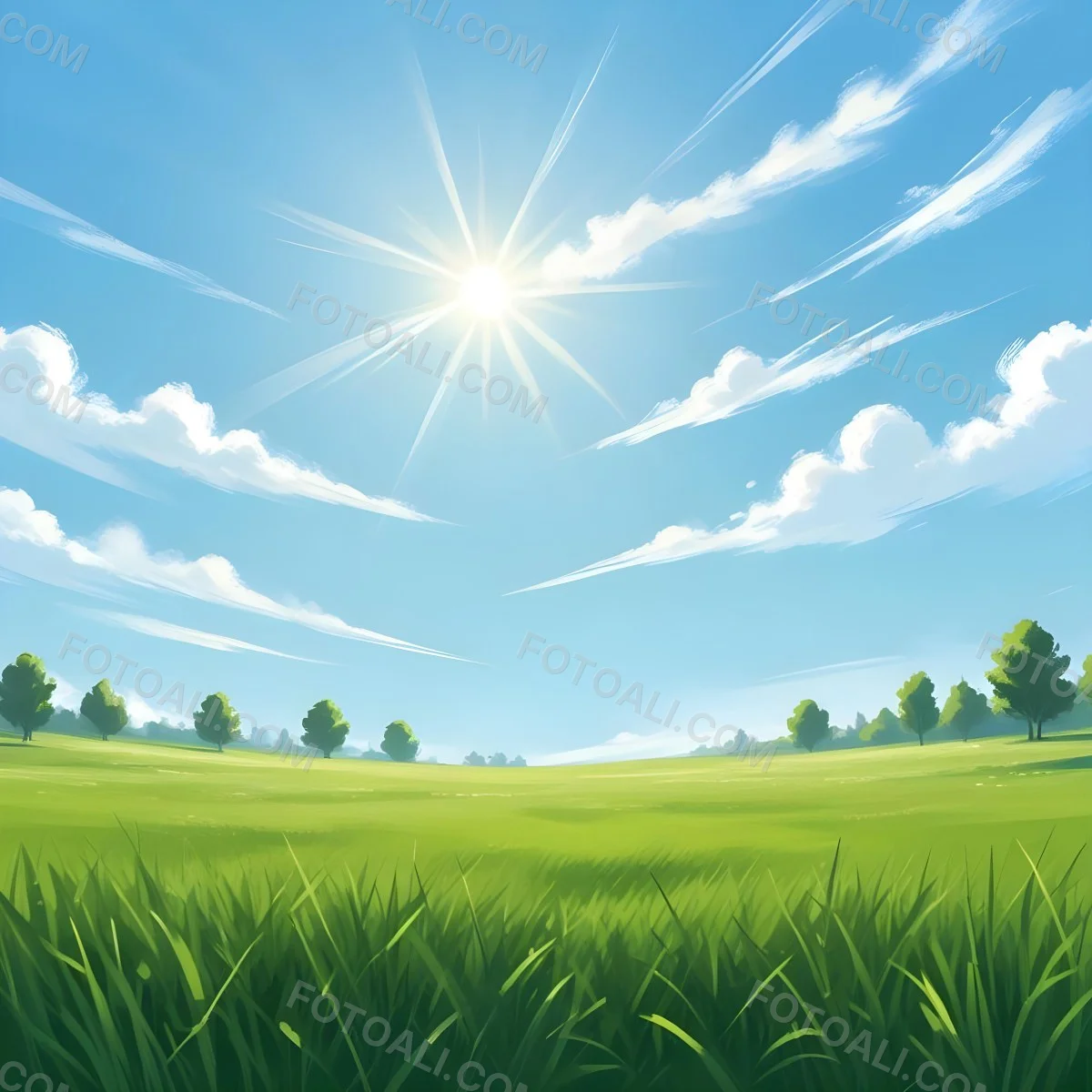 Digital Painting Green Grass Field With A Clear Blue Sky And Bright Sunlight Creating A Fresh And Vibrant Outdoor Scene Perfect For A Sunny Day Bold And Slim Lines Brush Strokes 38 35d6