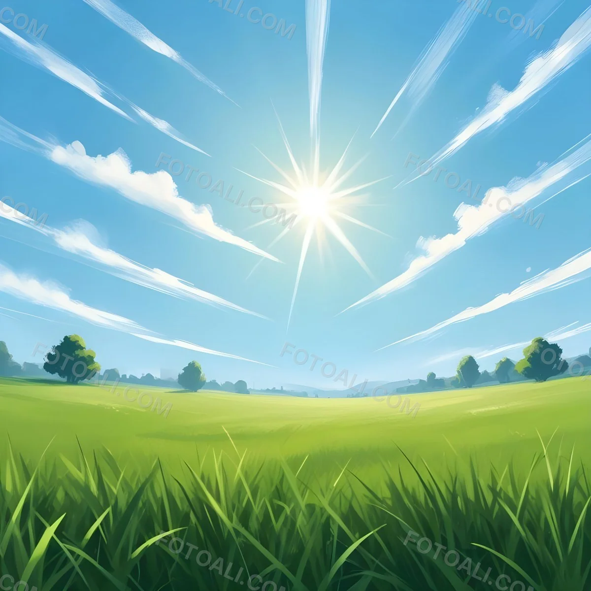 Digital Painting Green Grass Field With A Clear Blue Sky And Bright Sunlight Creating A Fresh And Vibrant Outdoor Scene Perfect For A Sunny Day Bold And Slim Lines Brush Strokes 4 9e7f