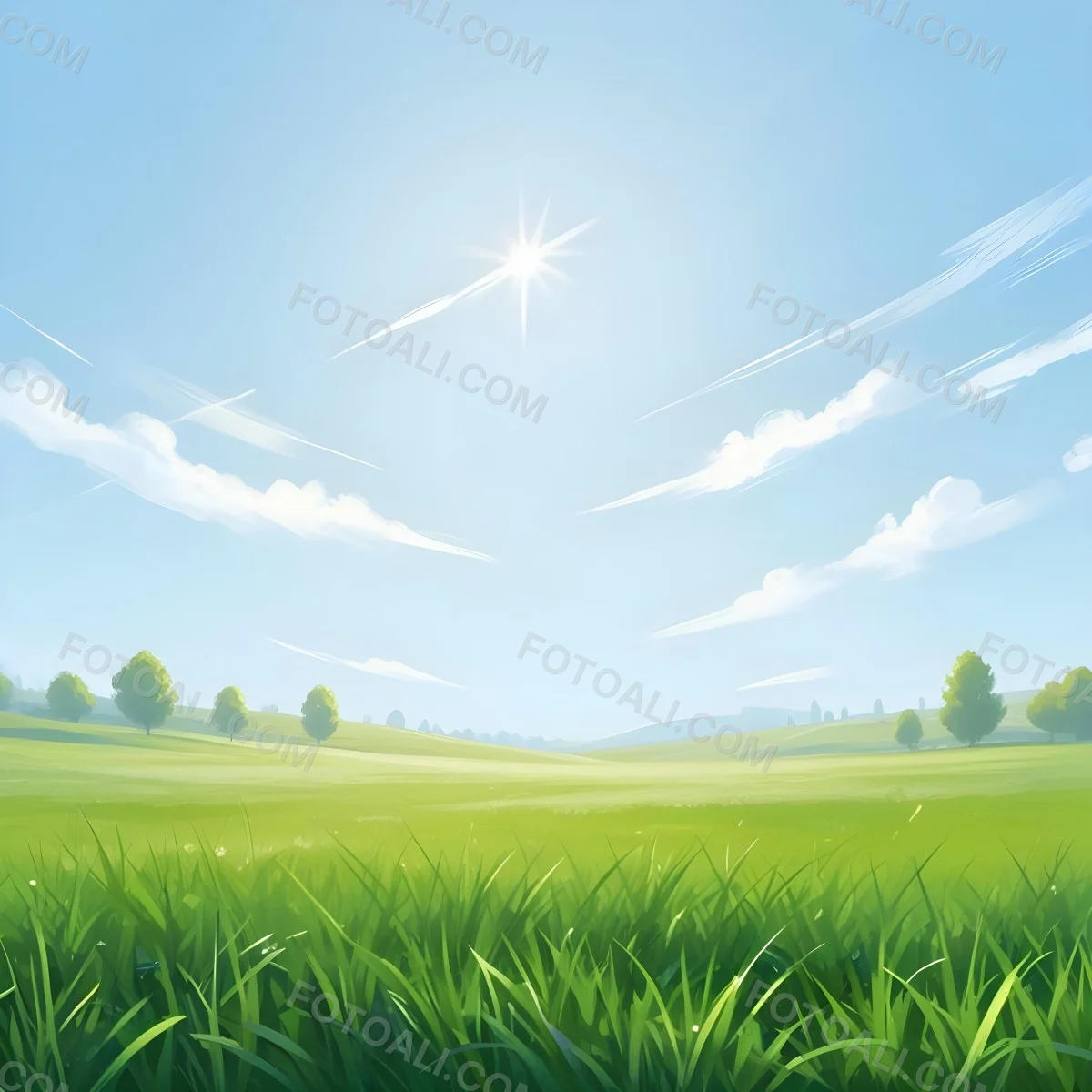 Digital Painting Green Grass Field With A Clear Blue Sky And Bright Sunlight Creating A Fresh And Vibrant Outdoor Scene Perfect For A Sunny Day Bold And Slim Lines Brush Strokes 40 74b5