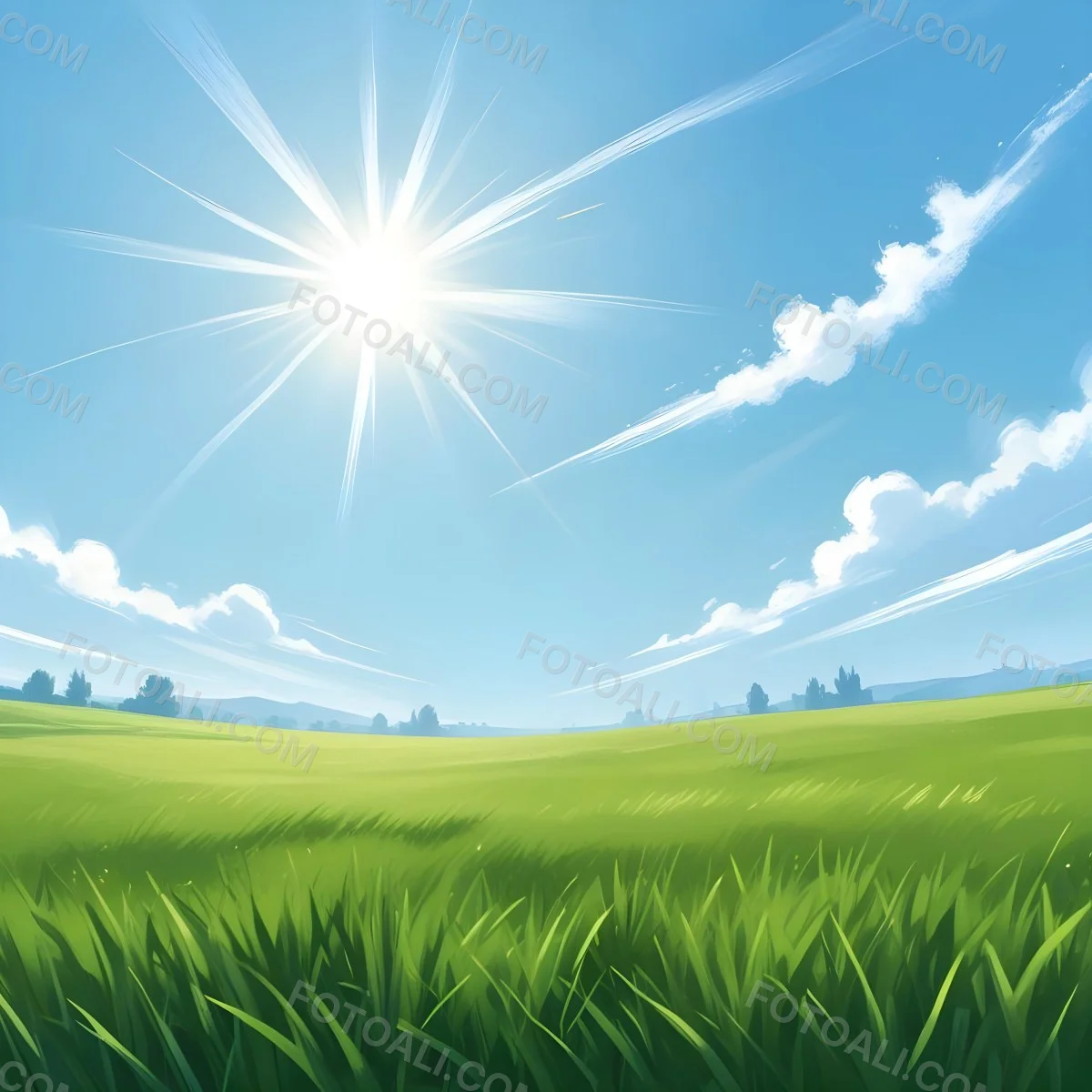 Digital Painting Green Grass Field With A Clear Blue Sky And Bright Sunlight Creating A Fresh And Vibrant Outdoor Scene Perfect For A Sunny Day Bold And Slim Lines Brush Strokes 43 509b