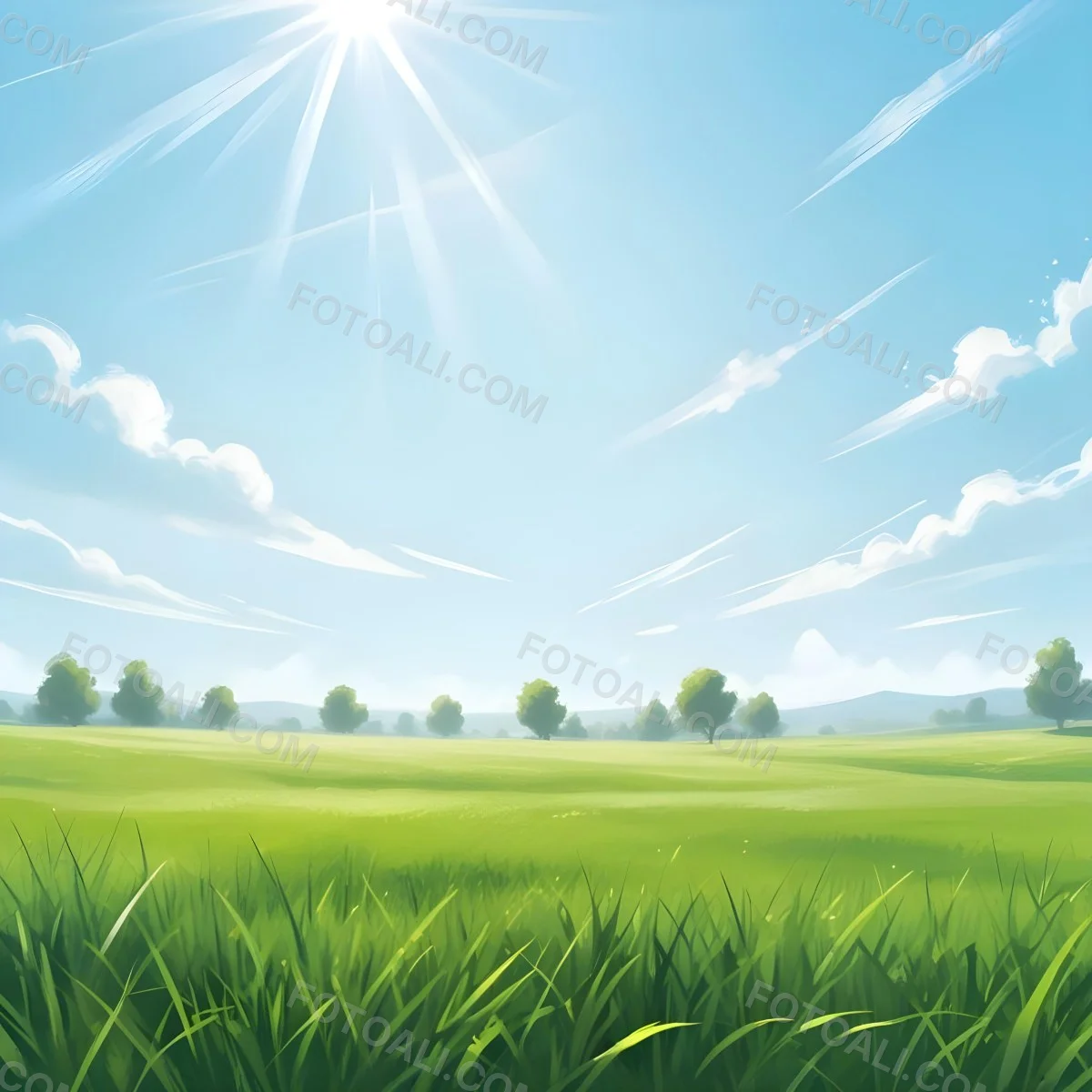 Digital Painting Green Grass Field With A Clear Blue Sky And Bright Sunlight Creating A Fresh And Vibrant Outdoor Scene Perfect For A Sunny Day Bold And Slim Lines Brush Strokes 44 93c6
