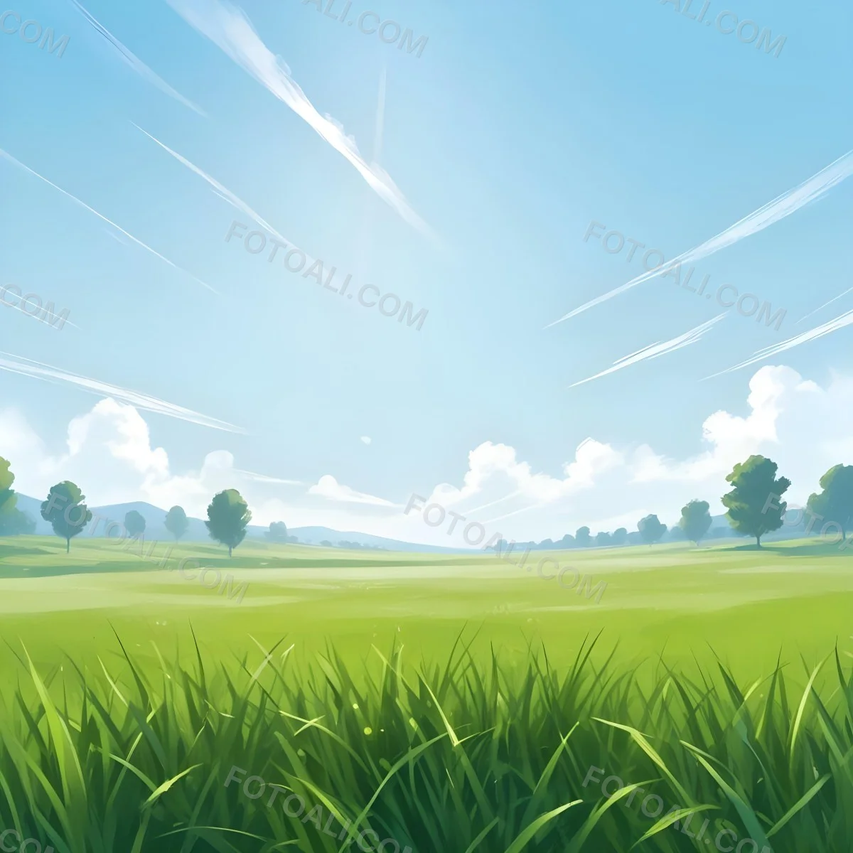 Digital Painting Green Grass Field With A Clear Blue Sky And Bright Sunlight Creating A Fresh And Vibrant Outdoor Scene Perfect For A Sunny Day Bold And Slim Lines Brush Strokes 5 D9b9