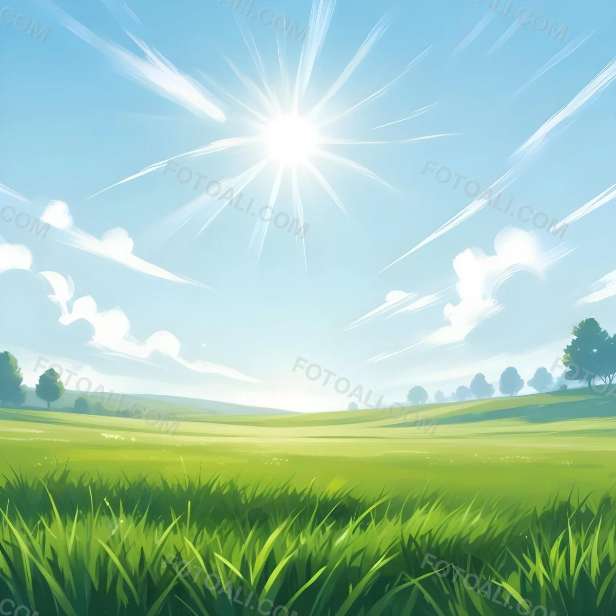 Digital Painting Green Grass Field With A Clear Blue Sky And Bright Sunlight Creating A Fresh And Vibrant Outdoor Scene Perfect For A Sunny Day Bold And Slim Lines Brush Strokes 6 503f