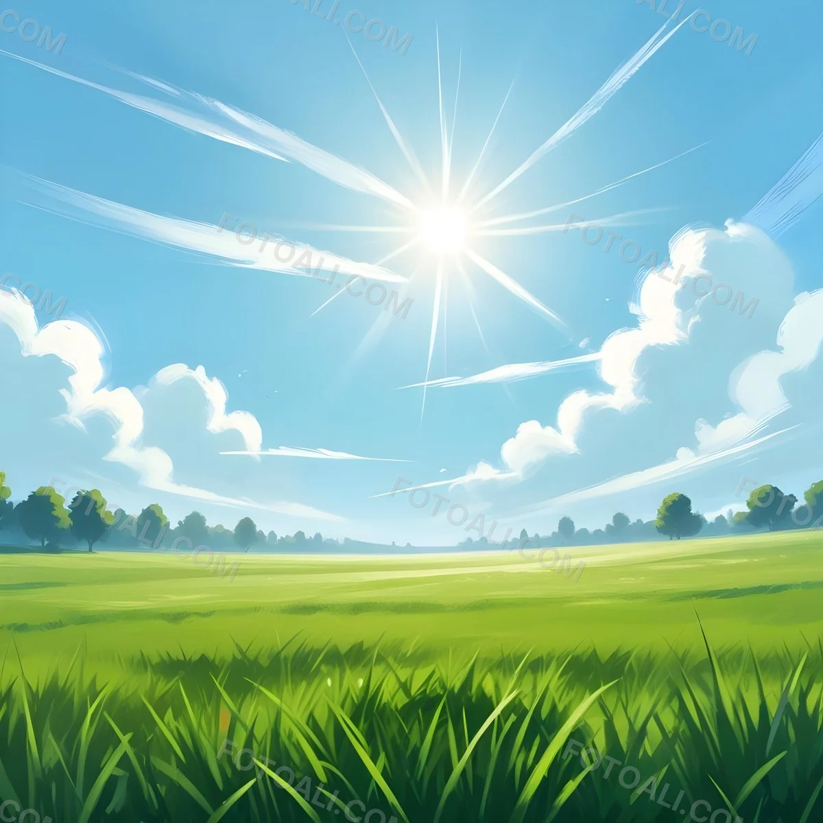 Digital Painting Green Grass Field With A Clear Blue Sky And Bright Sunlight Creating A Fresh And Vibrant Outdoor Scene Perfect For A Sunny Day Bold And Slim Lines Brush Strokes 9 7ac2