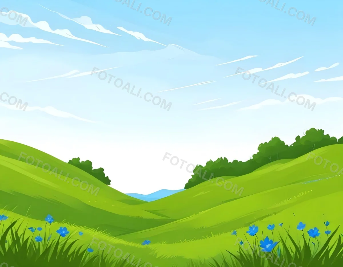 Digital Painting Green Grass Field With Blue Flowers Sunny Day Green Sky Blue Hills Cartoon Style Bright Colors Vector Graphics Nature Scene Peaceful Landscape Bold And Slim Lines Brush Strokes 1 3215