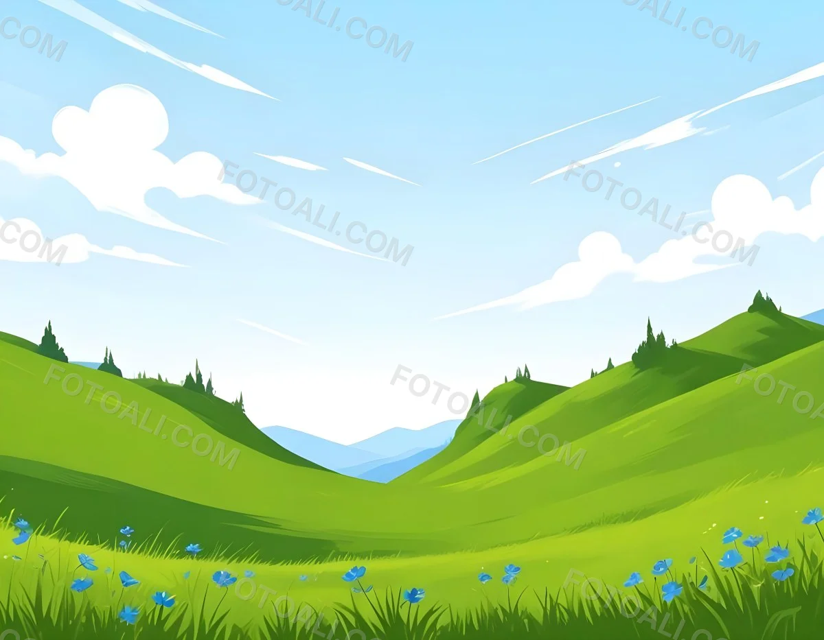 Digital Painting Green Grass Field With Blue Flowers Sunny Day Green Sky Blue Hills Cartoon Style Bright Colors Vector Graphics Nature Scene Peaceful Landscape Bold And Slim Lines Brush Strokes 11 80c5