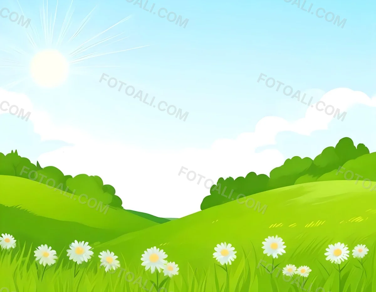 Digital Painting Green Grass Field With Blue Flowers Sunny Day Green Sky Blue Hills Cartoon Style Bright Colors Vector Graphics Nature Scene Peaceful Landscape Bold And Slim Lines Brush Strokes 12 74dd