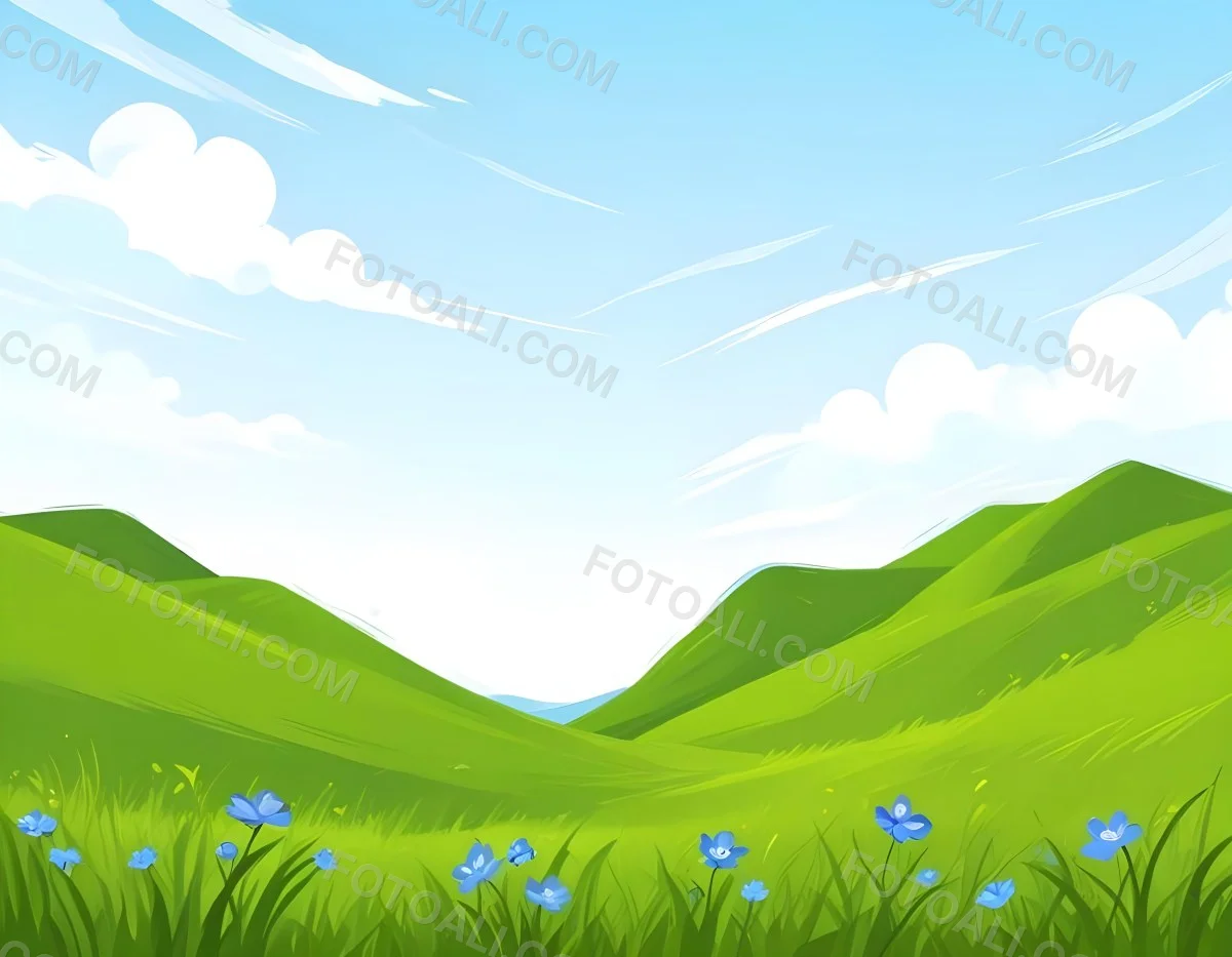 Digital Painting Green Grass Field With Blue Flowers Sunny Day Green Sky Blue Hills Cartoon Style Bright Colors Vector Graphics Nature Scene Peaceful Landscape Bold And Slim Lines Brush Strokes 15 578f