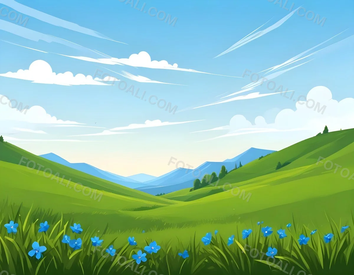 Digital Painting Green Grass Field With Blue Flowers Sunny Day Green Sky Blue Hills Cartoon Style Bright Colors Vector Graphics Nature Scene Peaceful Landscape Bold And Slim Lines Brush Strokes 19 07f8