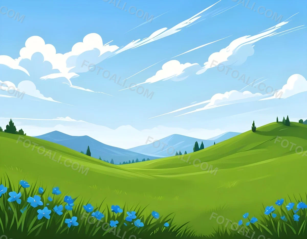 Digital Painting Green Grass Field With Blue Flowers Sunny Day Green Sky Blue Hills Cartoon Style Bright Colors Vector Graphics Nature Scene Peaceful Landscape Bold And Slim Lines Brush Strokes 33 6c38