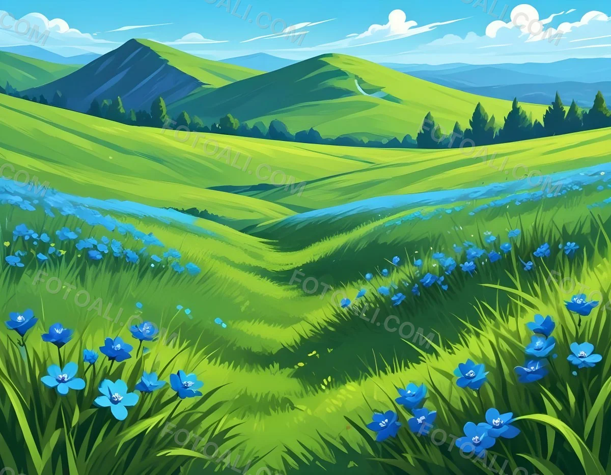 Digital Painting Green Grass Field With Blue Flowers Sunny Day Green Sky Blue Hills Cartoon Style Bright Colors Vector Graphics Nature Scene Peaceful Landscape Bold And Slim Lines Brush Strokes 37 4442