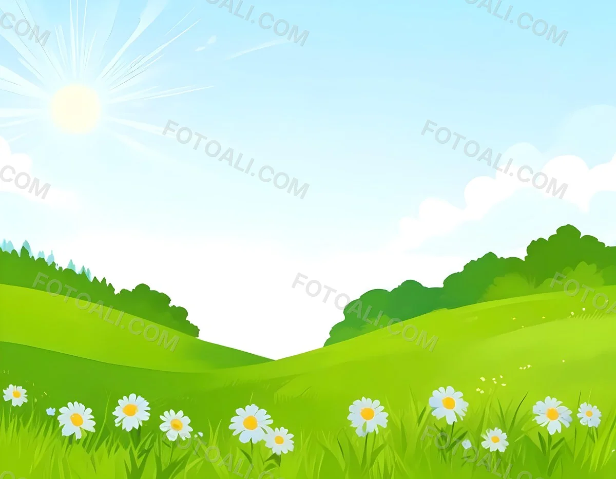 Digital Painting Green Grass Field With Blue Flowers Sunny Day Green Sky Blue Hills Cartoon Style Bright Colors Vector Graphics Nature Scene Peaceful Landscape Bold And Slim Lines Brush Strokes 40 8f53