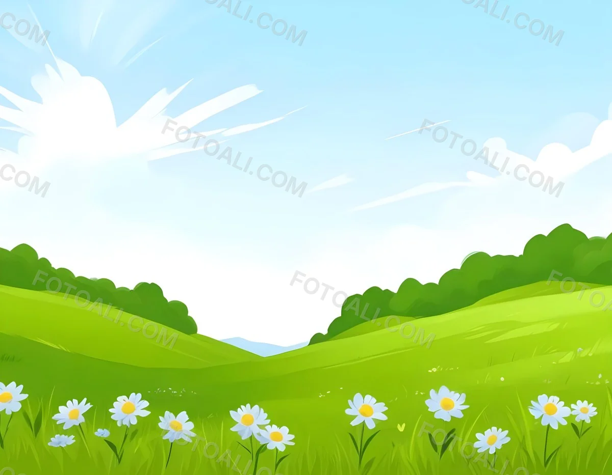 Digital Painting Green Grass Field With Blue Flowers Sunny Day Green Sky Blue Hills Cartoon Style Bright Colors Vector Graphics Nature Scene Peaceful Landscape Bold And Slim Lines Brush Strokes 41 4fd4